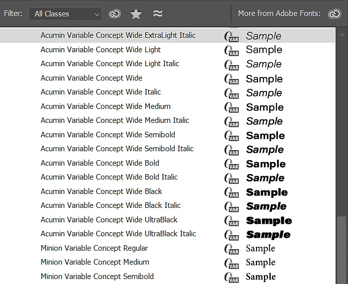 Fonts list in Adobe Photoshop