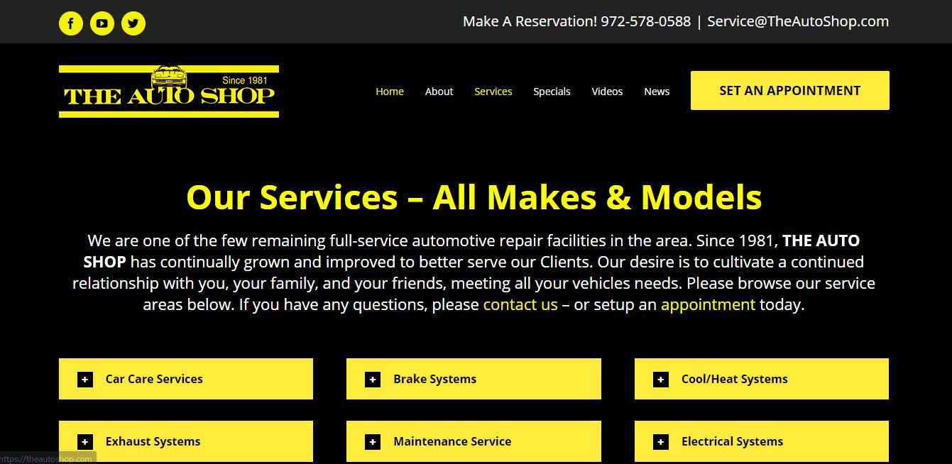 The auto shop services page