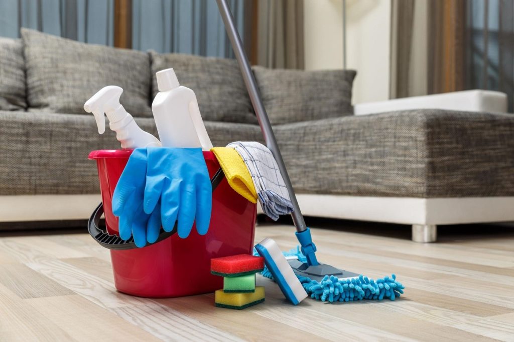 Basket with cleaning tools