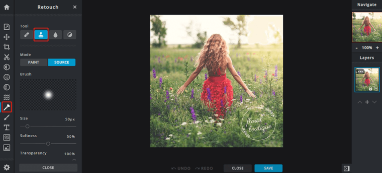 girl in flower field image opened in Pixlr