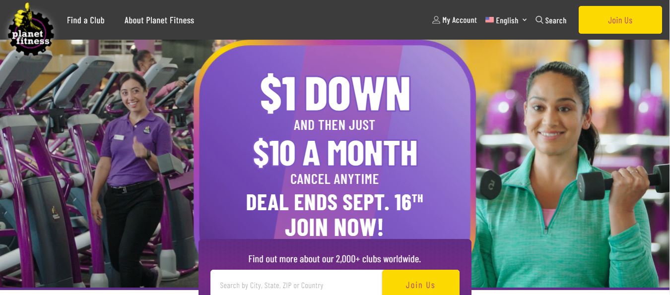 Planet Fitness homepage screen cap