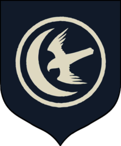House Arryn sigil featuring a silver falcon flying towards a crescent moon, over a navy background