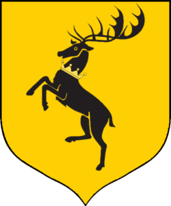 House Baratheon’s logo featuring a magnificent black stag rearing, with a golden crown over a bright yellow background