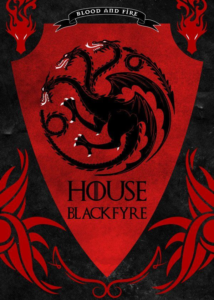 House Blackfyre’s take on the Targaryen sigil, with a three-headed black dragon over a black background