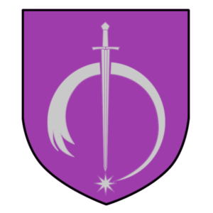 House Dayne’s logo of their family fabled meteorite sword called Dawn standing upright over a shooting star, on a purple background
