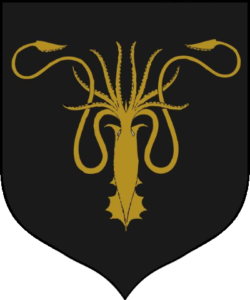 House Greyjoy sigil of a yellow-gold giant squid over a dark black background