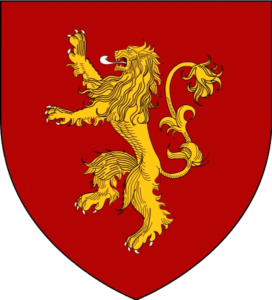 House Lannister logo with a rearing and roaring golden lion over a red background