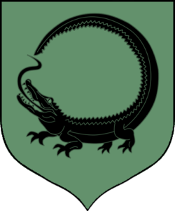 House Reed’s sigil featuring a dark crocodile with its ail curving over it, over a moss green background