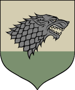 House Stark sigil of a grey dire wolf on a light background over a green field