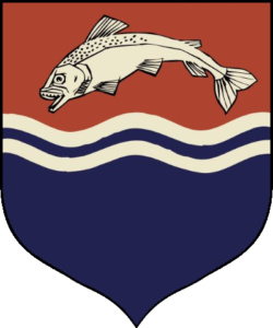 House Tully logo of a leaping fish on a red background, over a deep blue river