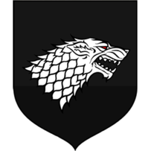 Jon Snow’s take on the Stark sigil, with a red-eyed albino wolf over a black background