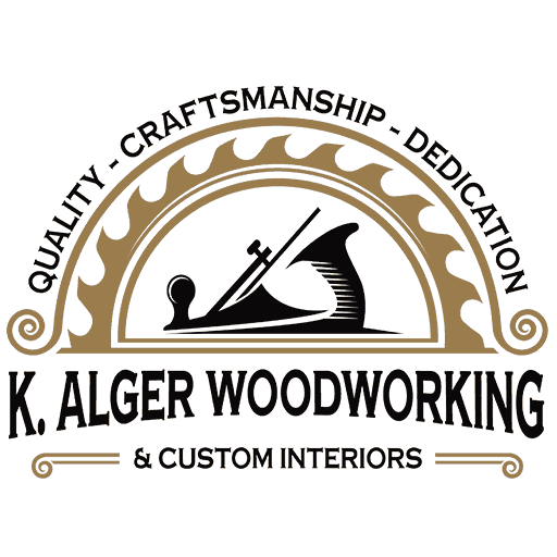 K. Alger Woodworking logo old style elegance with rotary saw blade and planer