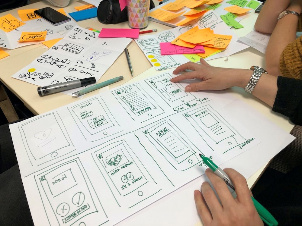 Designers creating mockups for a phone site