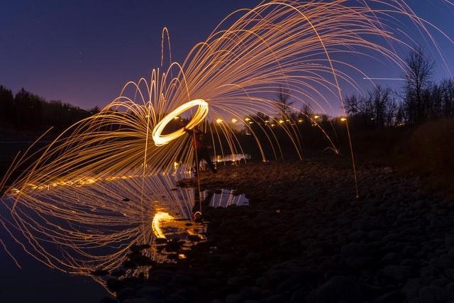 long exposure person spinning sparkler