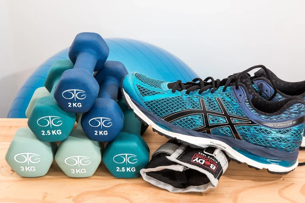 Dumbbell set with matching medicine ball and athletic shoe